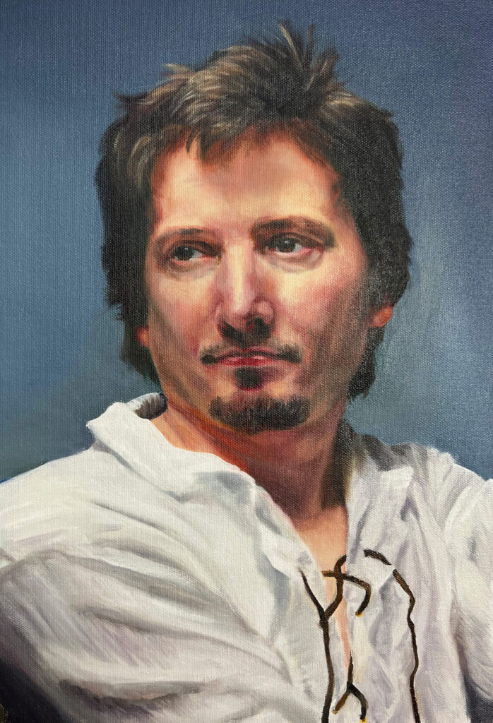 Oil painting of a man in a white shirt