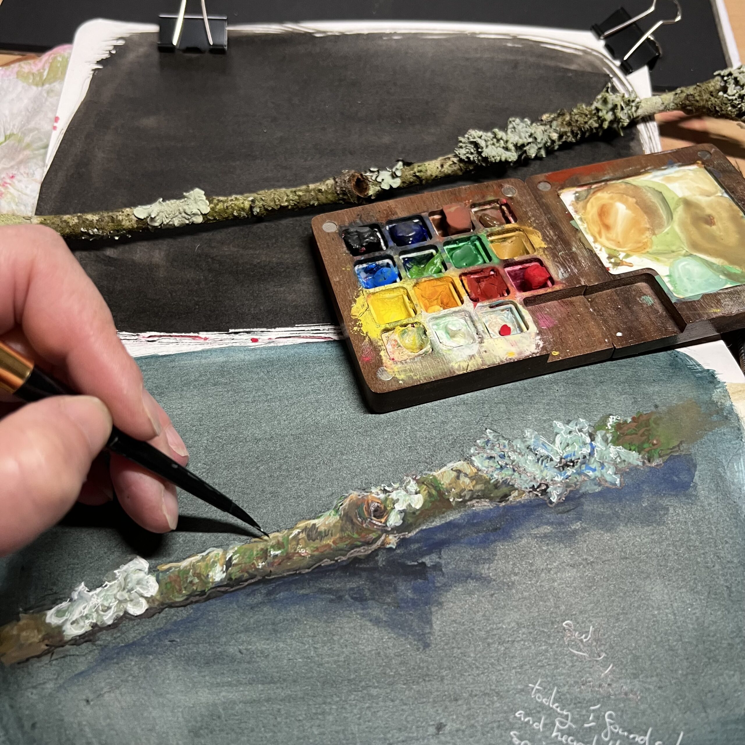 Sketchbook painting of a twig using gouache paint.